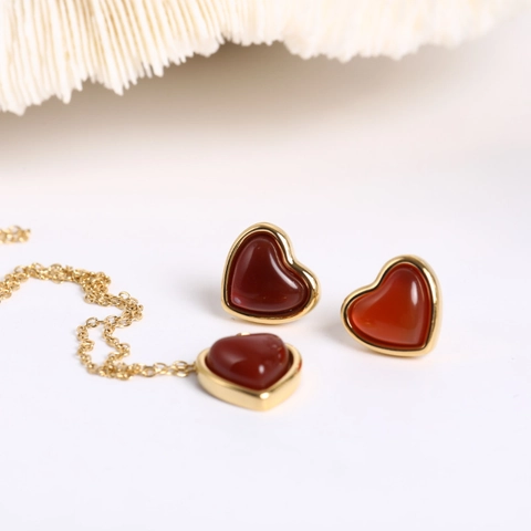 Heart Pendant Necklace Stud Earrings Stainless Steel 18K Gold Plated Agate Jewelry Waterproof Tarnish Free Fashion