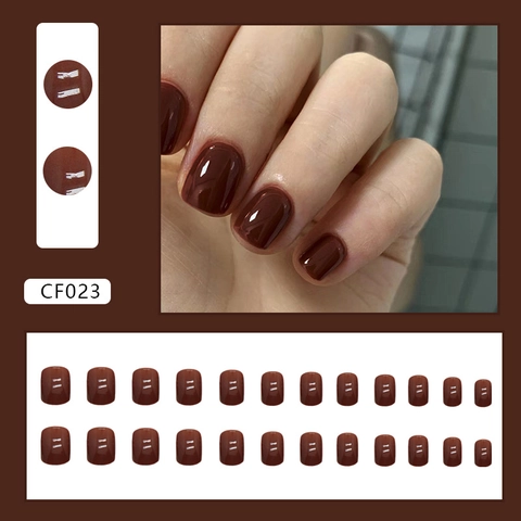 Glossy Press On Nails Red Brown Solid Color Square Round Artificial False Fingernails For Women Elegant Ins Style