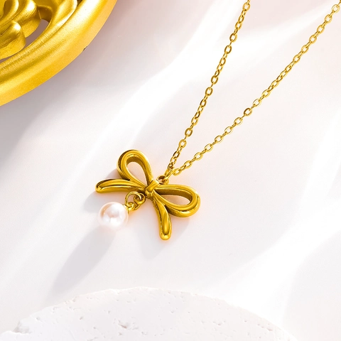 Lazo Perla Artificial Colgante Joyas Collar Pendientes Acero Inoxidable Chapado En Oro 18K Minimalista Elegante Mujeres