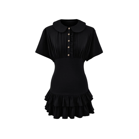 Women Cotton Blend Peter Pan Collar Ruffle Hem Mini Dress Sweet Pleated High Waist Short Sleeve Skirt Dress