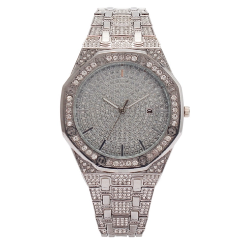 Women Luxury Quartz Watch Full Rhinestone Iced Out Octagonal Bezel Metal Strap Fashion Elegant Date Display