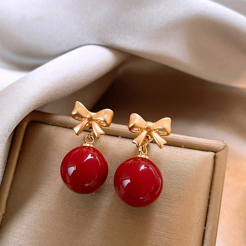 Orecchini Pendenti Fiocco Sfera Rossa Perlina Resina Con Perno In Argento Retro Lega Dorata Gioielli Moda Per Donne Chic