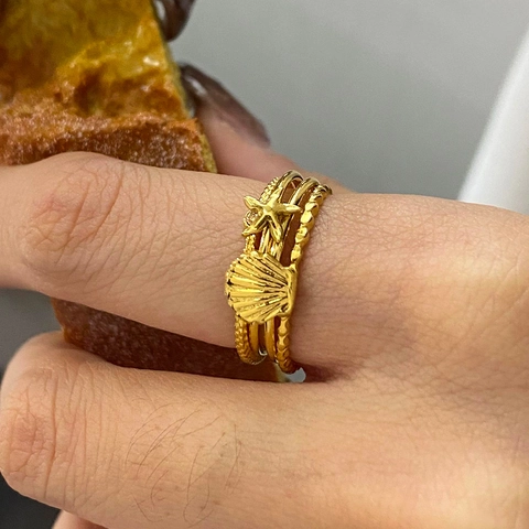 Edelstahl Muschel Seestern Stapelringe Vergoldet Zirkon Ozean Schmuck Accessoire Für Frauen
