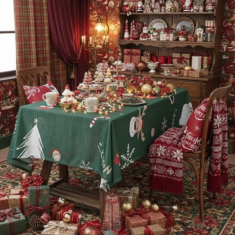 Christmas Theme Rectangular Tablecloth Polyester Table Cover Reindeer Snowflakes Print Holiday Decor Festive Table Linens