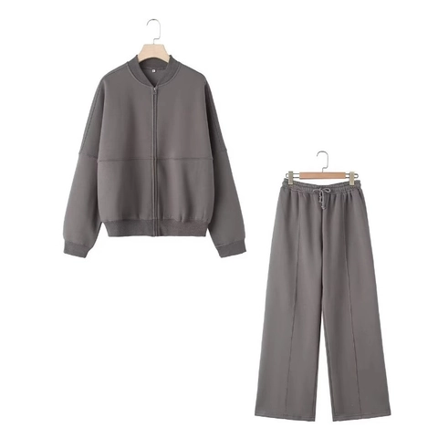 Completo Sportivo Casual Donna Giacca E Pantaloni Gamba Larga Vita Alta Foderati In Pile Caldo Autunno Con Cerniera