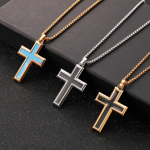 Men Cross Necklace Stainless Steel Titanium With Carbon Fiber Texture Inlay Punk Hip Hop Style Jewelry Accessory