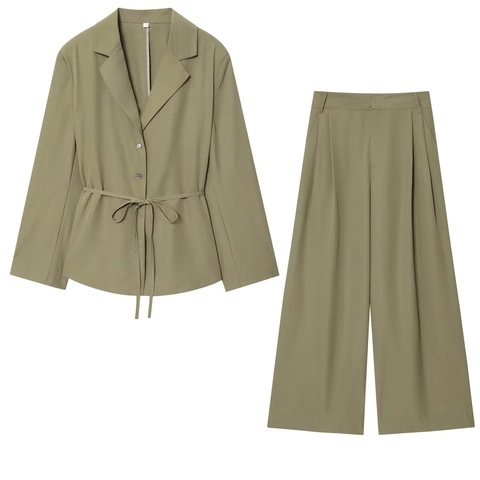 Completi Donna Poliestere Crepe Di Raso Top Con Cintura Colletto Revers E Pantaloni Larghi Business Casual Streetwear Abito Verde Oliva