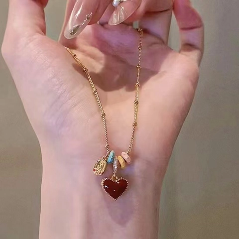 Collier Pendentif Coeur Cuivre Plaqué Or 18K Émail Nacre Chaîne Clavicule Bijoux Rétro Élégants Pour Femmes
