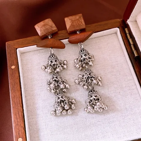 Retro Ethnic Wood Square Jhumka Drop Earrings With Multi Layer Metal Bell Tassels And 925 Sterling Silver Earring Post