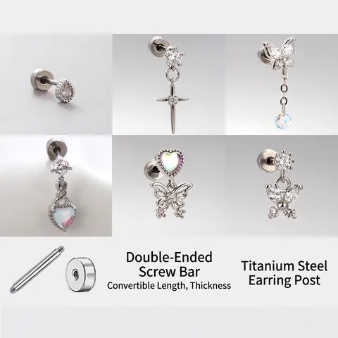Vlinder Hart Helix Oorbellen Titanium Staal Dubbele Schroef Piercing Studs Met Zirconia Opaal Sieraden