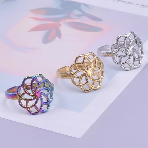 Mandala Flower Stainless Steel Ring Hollow Geometry Pattern Open Adjustable Minimalist Bohemian Jewelry For Women