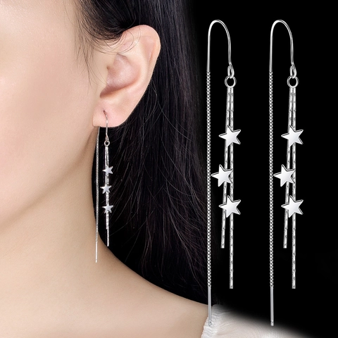 Pendientes de Gancho de Borla de Estrella para Mujer Cobre Chapado en Oro Blanco Cadena Asimétrica Joyería Minimalista