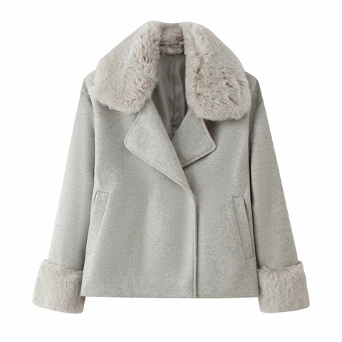 Women's Casual Woolen Jacket Featuring Faux Fur Collar And Cuffs Elegant Solid Color Streetwear Long Sleeve Short Coat