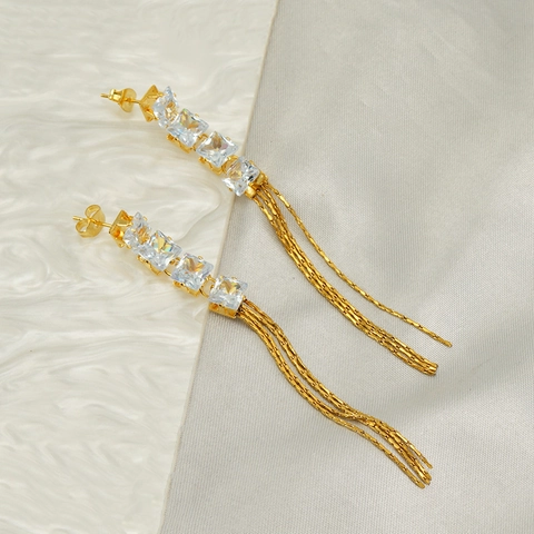 Elegant Long Tassel Drop Earrings 18K Gold Plated Stainless Steel Square Zircon Geometric Luxury Jewelry For Women