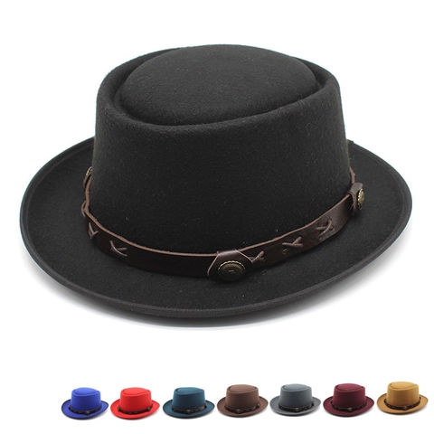 Chapeau Fedora Plat En Feutre De Laine Vintage Avec Bande En Cuir Et Rivets Métalliques Style Jazz Pour Hommes Femmes