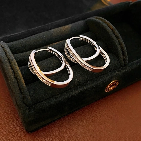 Dubbellaagse Cross Hoop Oorbellen Zirkonia Inleg En 925 Sterling Zilveren Oorsteker Elegante Luxe Sieraden Voor Dames