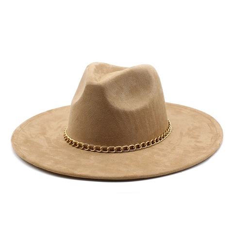 Sombrero Fedora De Ala Ancha Gamuza Cadena De Metal Dorado Sombrero De Jazz Vintage Elegante Para Hombres Mujeres Ajustable