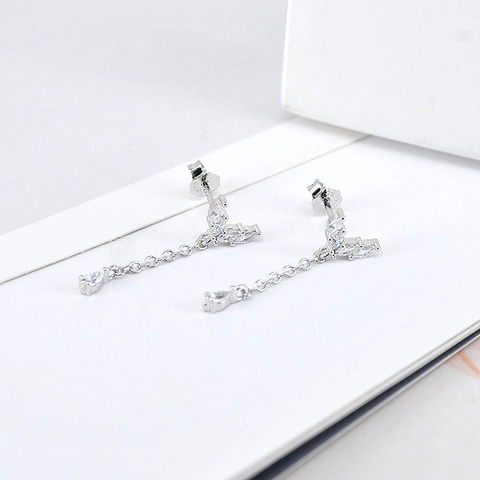 S925 Sterling Silver Post Long Tassel Drop Earrings For Women Minimalist Copper Zirconia Inlaid V-Shaped Dangle Earrings