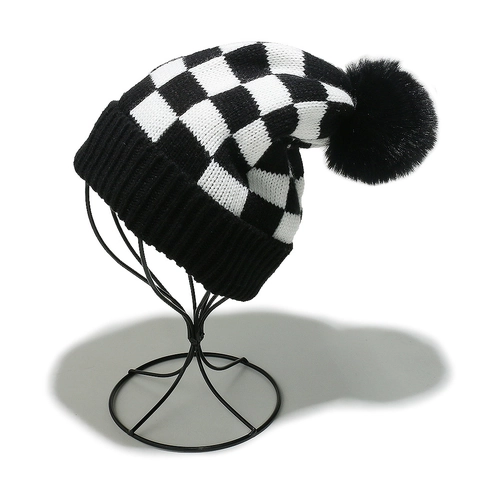 Women Winter Beanie Hat Checkerboard Pattern Acrylic Knit Fleece Lined With Faux Fur Pom Pom Warm Casual