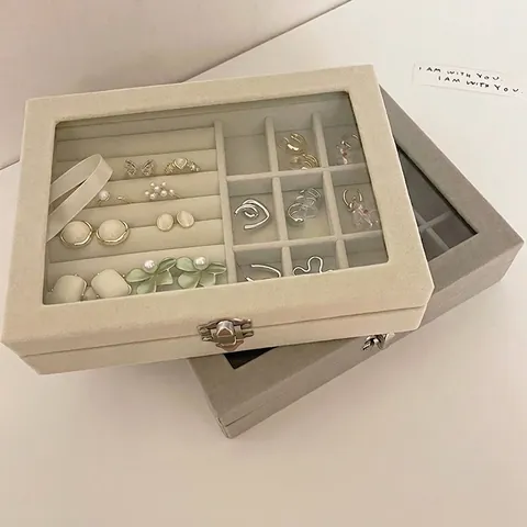 Large Capacity Velvet Jewelry Box Organizer Earring Ring Storage Case With Glass Window Metal Clasp For Women Jewelry Box