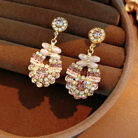 Orecchini Pendenti Tondi Vintage Per Donna Con Strass In Vetro E Perno In Argento Elegante Viola Rosa