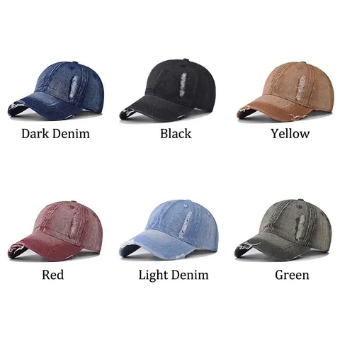 Washed Denim Baseball Cap Distressed Ripped Hole Cotton Vintage Streetwear Outdoor Sun Hat For Men Women Adjustable