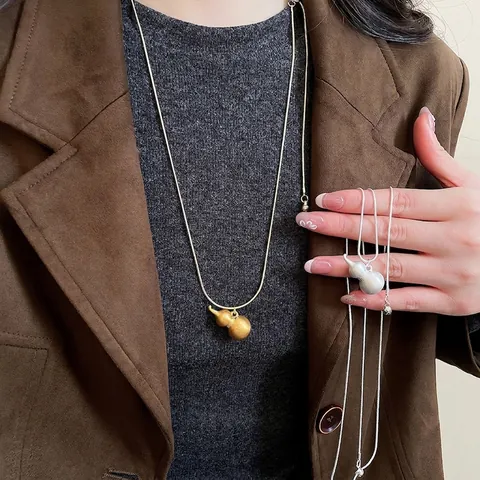 Hulu Pendant Necklace Copper Matte Brushed Long Sweater Snake Bone Chain Minimalist New Chinese Style Jewelry