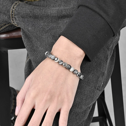 Men Beaded Bracelet Natural Lava Stone Chinese Style Six-Syllable Mantra Buddhist Lucky Retro Stainless Steel Bangle