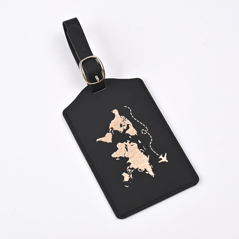 PU Leather Luggage Tag Gold Stamped World Map Travel Suitcase Boarding Pass ID Label Name Tag Adjustable Strap