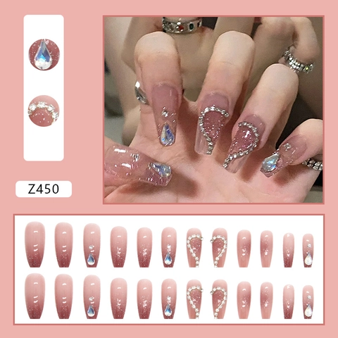 Long Press On Nails Pink Gradient Ballerina False Nails With Heart Rhinestone Glitter Decoration For Women ABS Plastic