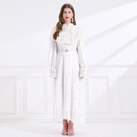 Maxikleid Mit Spitze Patchwork Falten Stehkragen Langarm Elegant A-Linie Abendkleid Mit Künstliche Perlengürtel