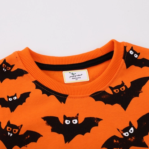 Sweat-shirt Halloween Pour Garçons En Coton Imprimé Chauve-souris À Manches Longues Col Rond Orange