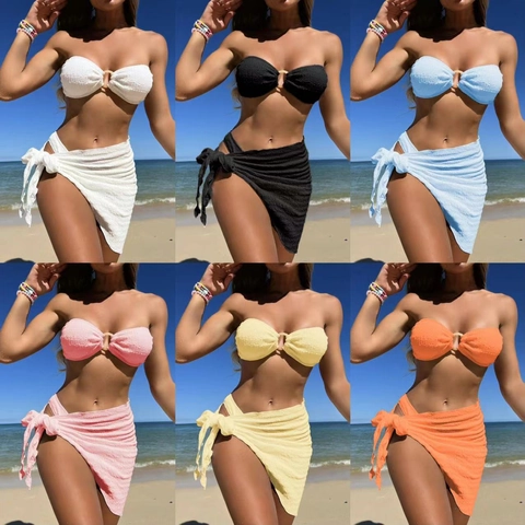 Top Bikini Bandeau E Slip Con Pareo Coordinato Gonna A Portafoglio Tessuto Testurizzato Arricciato Decorazione Anello Spiaggia Vacanze Donne