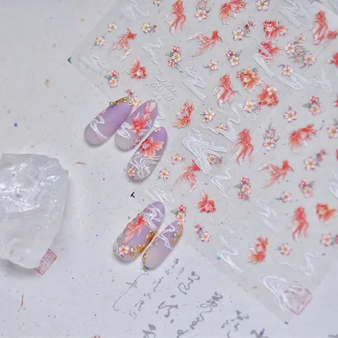 Reliëf Nagelkunst Stickers Ultradunne Chinese Stijl Goudvis Koi Kersenbloesems Waterrimpels Manicure Decor