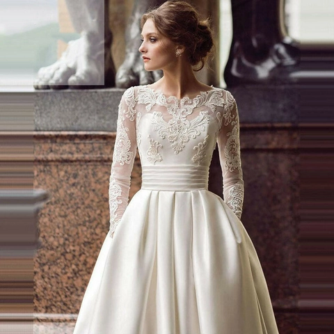 Wedding Dress Long Sleeve Round Neck Satin Lace A-Line Princess Bridal Gown For Women Elegant Formal Marriage Outfit