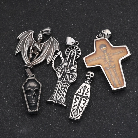 Collana Pendente Gotico Acciaio Inossidabile Teschio Tristo Mietitore Bara Croce Faraone Egiziano Gioielli Punk Biker Uomo