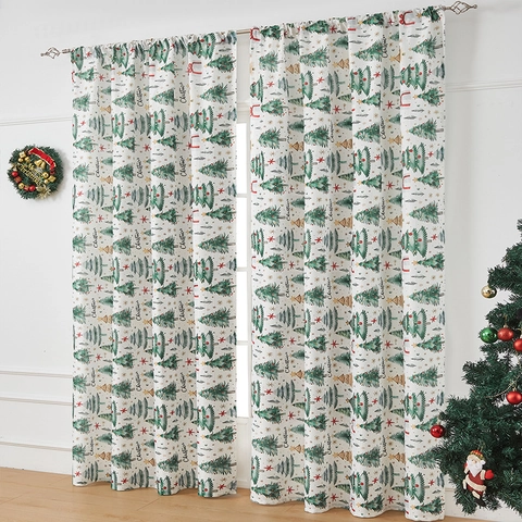 Christmas Decorative Printed Curtains Polyester Semi Shading Rod Pocket Window Drape For Living Room Bedroom Holiday Ornament