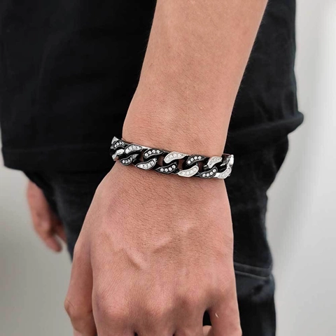 Iced Out Cubaanse Schakelarmband Roestvrij Staal Met Zirconia CNC Pave Doos Sluiting Hip Hop Sieraden Voor Heren Dames