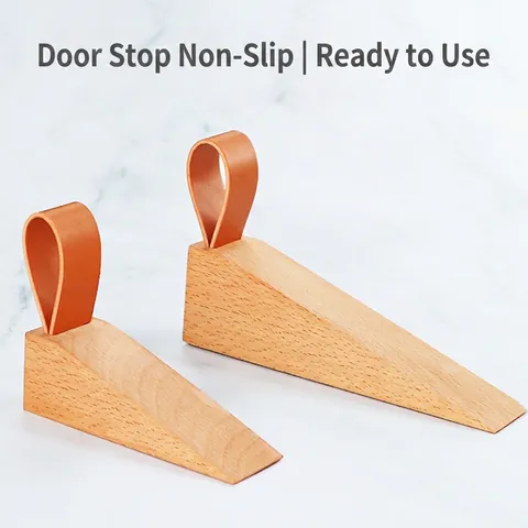 Beech Wood Door Stopper Wedge With Leather Handle Anti Slip Silicone Base Nordic Style For Bedroom Office Home