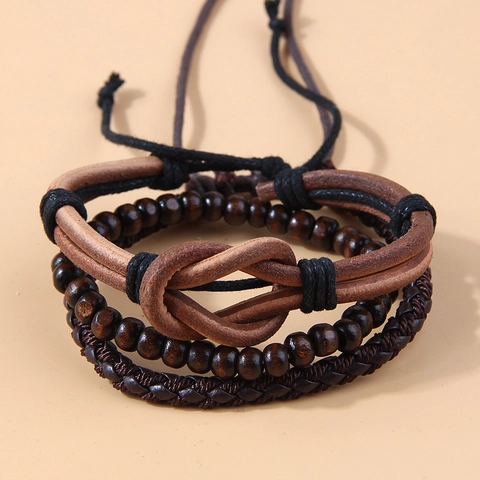 Bracciale Multistrato Pelle PU Perline Legno Corda Intrecciata Regolabile Retrò Etnico Uomo Accessorio