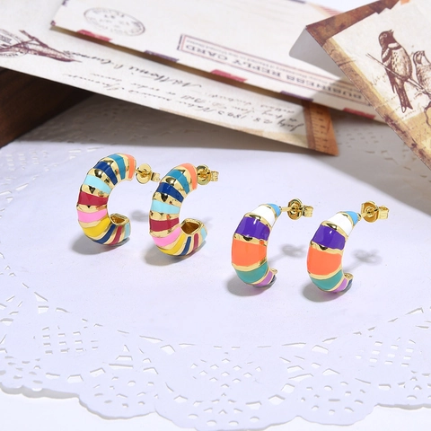 Colorful Enamel Rainbow Stripe C-Shaped Stud Earrings Gold Plated Copper Retro Geometric Jewelry For Women