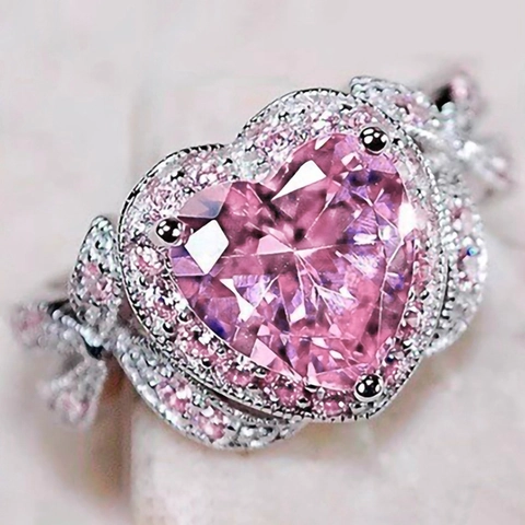 Heart Shaped Pink Zircon Ring Copper Bow Knot Romantic Sweet Jewelry For Women
