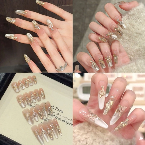 Faux Ongles Faits À La Main Longue Forme Amande Cercueil Œil De Chat Dégradé Rose Blanc Papillon 3D Serpent Doré Strass Künstliche Perles Luxe