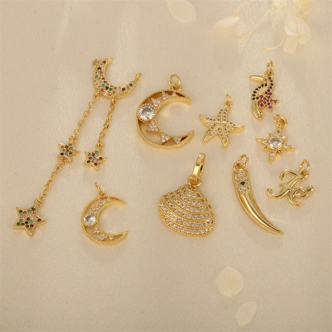DIY Sieraden Hangers Bedeltjes Verguld Koper Zirkoon Ster Maan Schelp Voor Ketting Armband Maken Knutselen