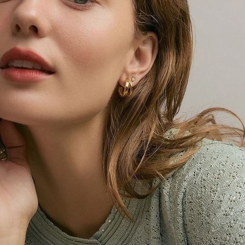 Stainless Steel Hoop Earrings Gold Plated Waterproof Hypoallergenic Geometric C Shaped CZ Inlaid Fashion Jewelry Women