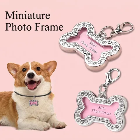 Targhetta Identificativa Per Animali Domestici A Forma Di Osso Strass Lega Di Metallo Mini Cornice Foto Pendente