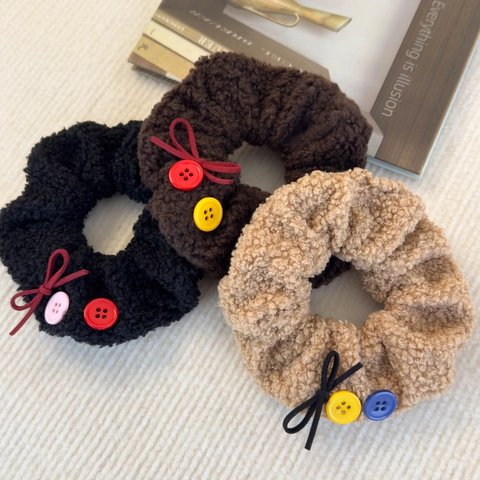 Plush Scrunchies With Ribbon Bow And Decorative Buttons Retro Soft Teddy Velvet Elastic Hair Ties For Women
