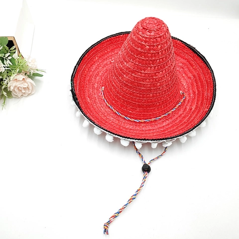 Sombrero Messicano Cappello di Paglia con Pompon Bianchi Cordino Colorato Tesa Larga Cappello da Sole per Festa Carnevale