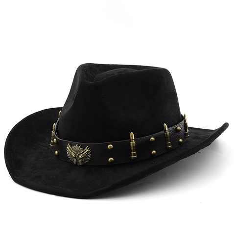 Western Cowboyhut Wildleder Polyester Ledergürtel Adler Abzeichen Kugel Nieten Breite Krempe Vintage Outdoor Herren Damen