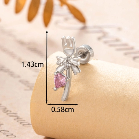 Cute Fork Bow Heart Zircon Ear Stud Earring Titanium Steel Screw Back Niche Design Piercing Jewelry For Women